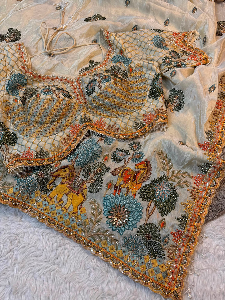 Royal Heritage Silk Saree with Elephant & Camel Embroidered Border