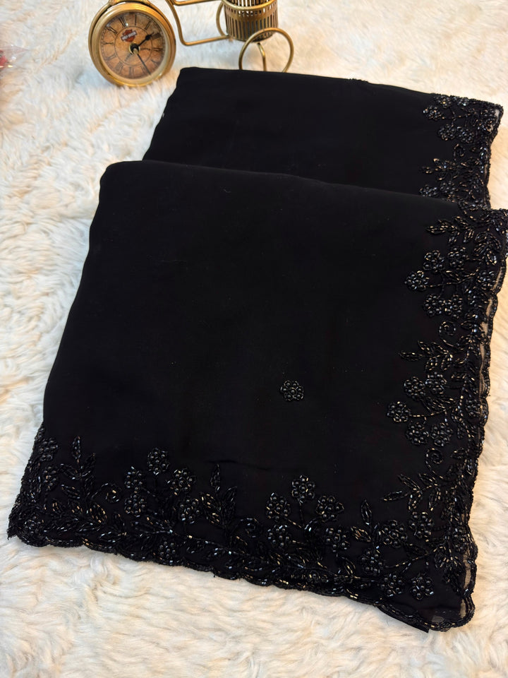 Black Georgette Saree with Hand Beaded Floral Border & Butti Work