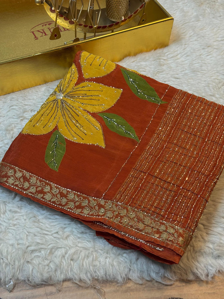 Digital Floral Print Chinon Saree with Zari Border