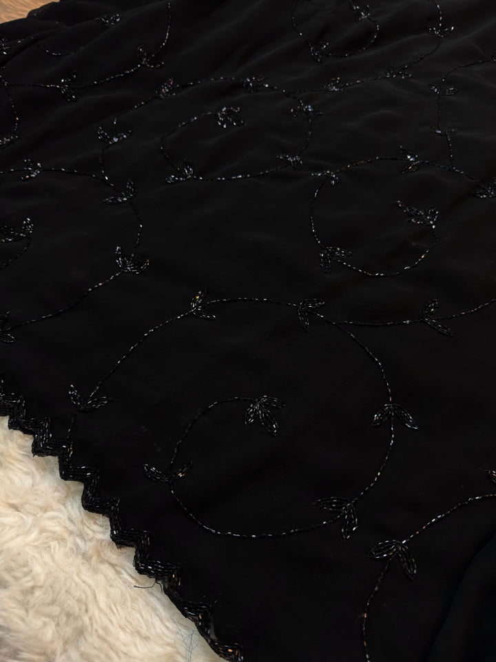 🖤 Black Hand-Embroidered Georgette Saree with Scalloped Border