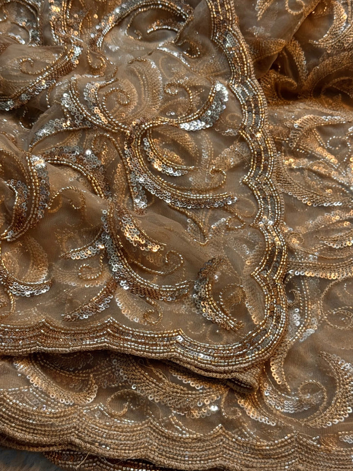 Champagne Gold Heavy Embroidered Net Saree with Stitched Designer Blouse