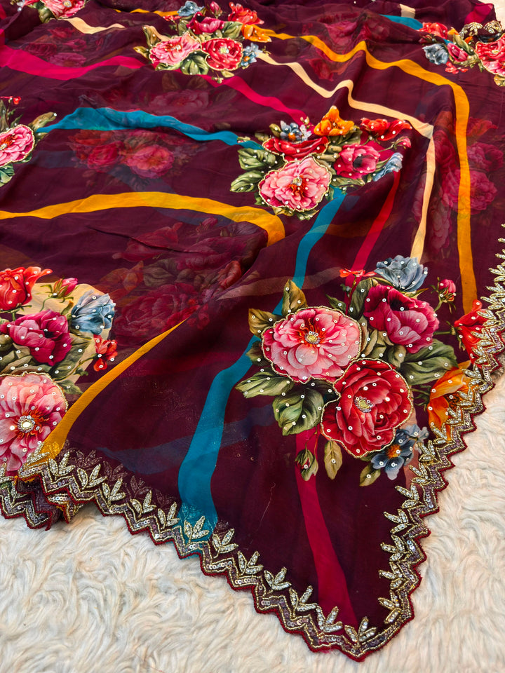 Floral Print Chiffon Saree with Hand Embellished Border