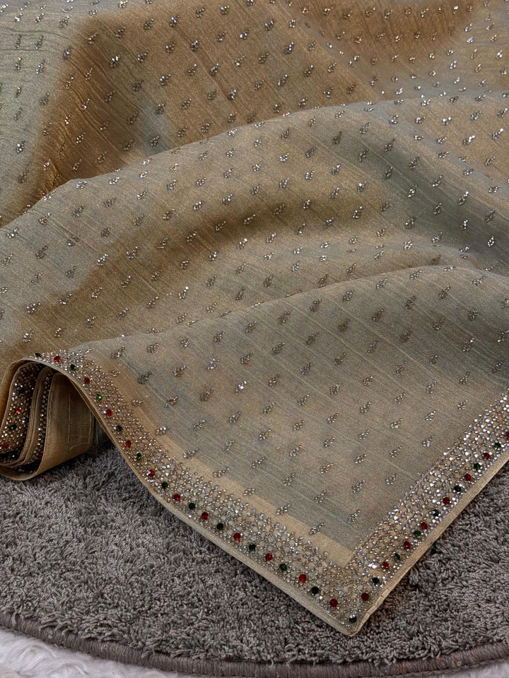 Champagne Gold Designer Saree with Crystal Handwork Border
