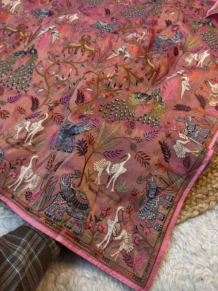 Exquisite Handcrafted Peacock & Elephant Embroidered Saree