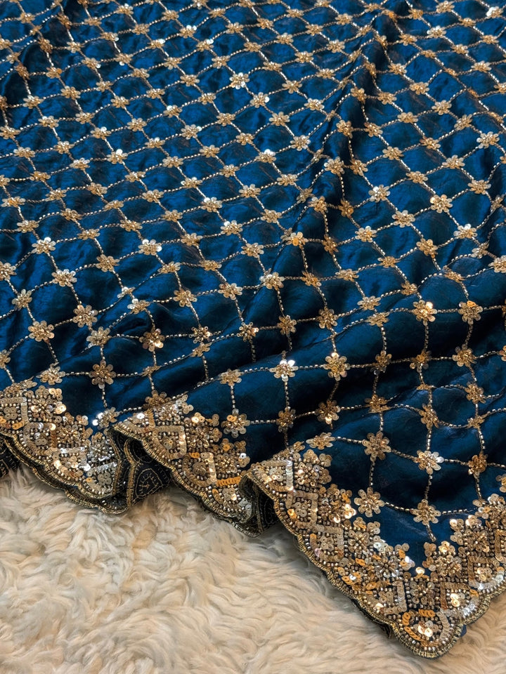 Fendy Silk Saree with Sequin Jaal Work & Heavy Designer Border with Unstitched Blouse