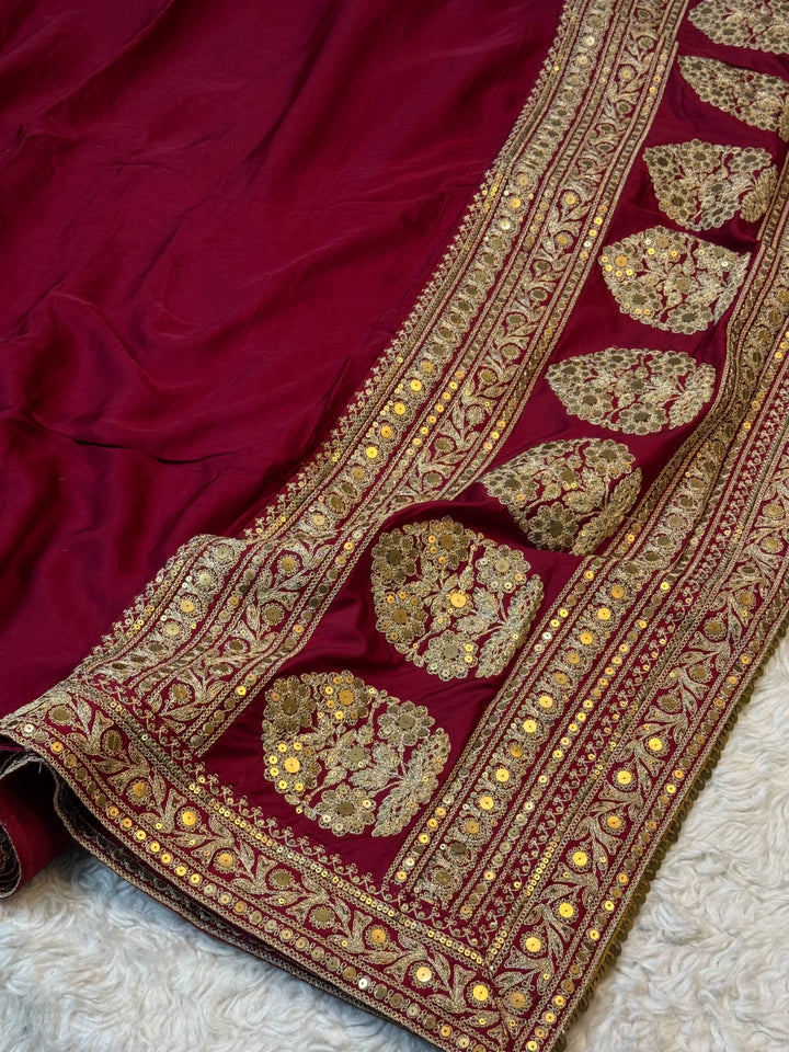 Crepe Satin Silk Heavy Designer Saree with Intricate Pallu & Border Work
