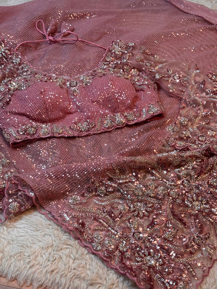 Premium Sequin & Cutdana Designer Net Saree with Heavy Embroidered Border