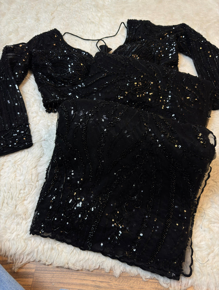 Black Designer Net Saree with Heavy Beads & sequence Work (Stitched Blouse)