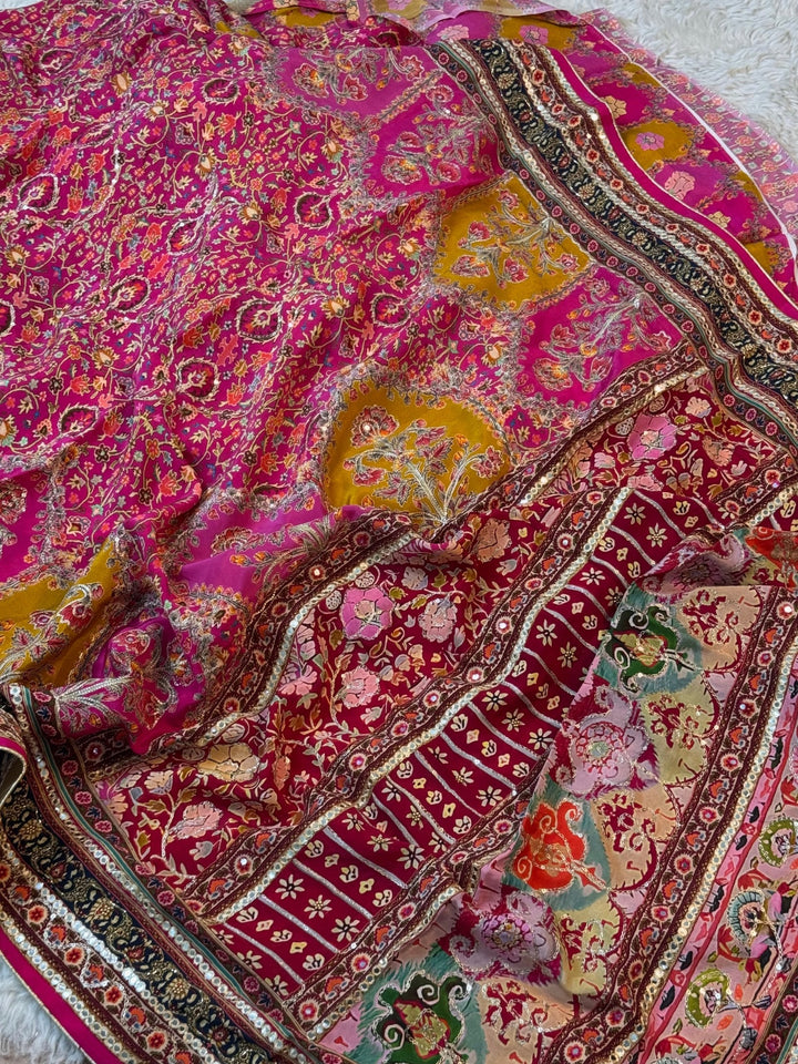 Multicolor Designer Crepe Chinon Saree with Traditional Print & Lace Border