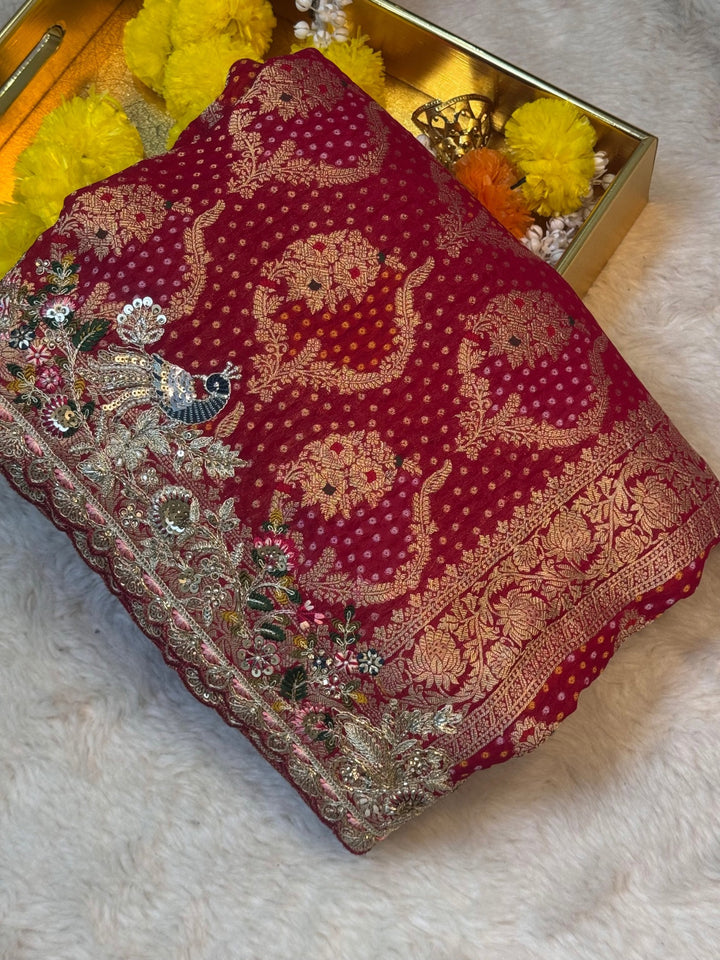 Bandhani khaddi Georgette Saree with Peacock Embroidered Border
