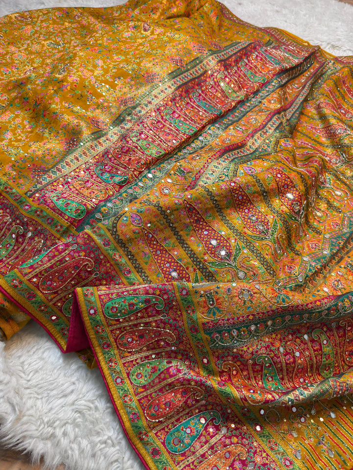 Royal Heritage Pashmina Silk Saree with Intricate Handwork & Multicolor Border