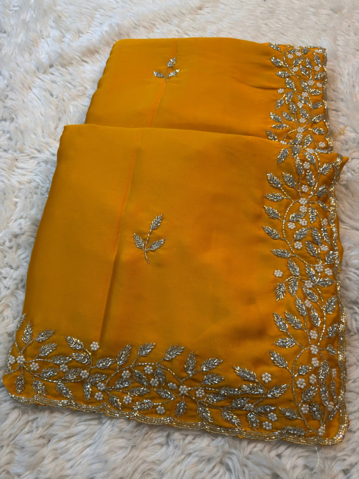 Premium Satin Silk Saree with Pearl Leaf Embroidered Border
