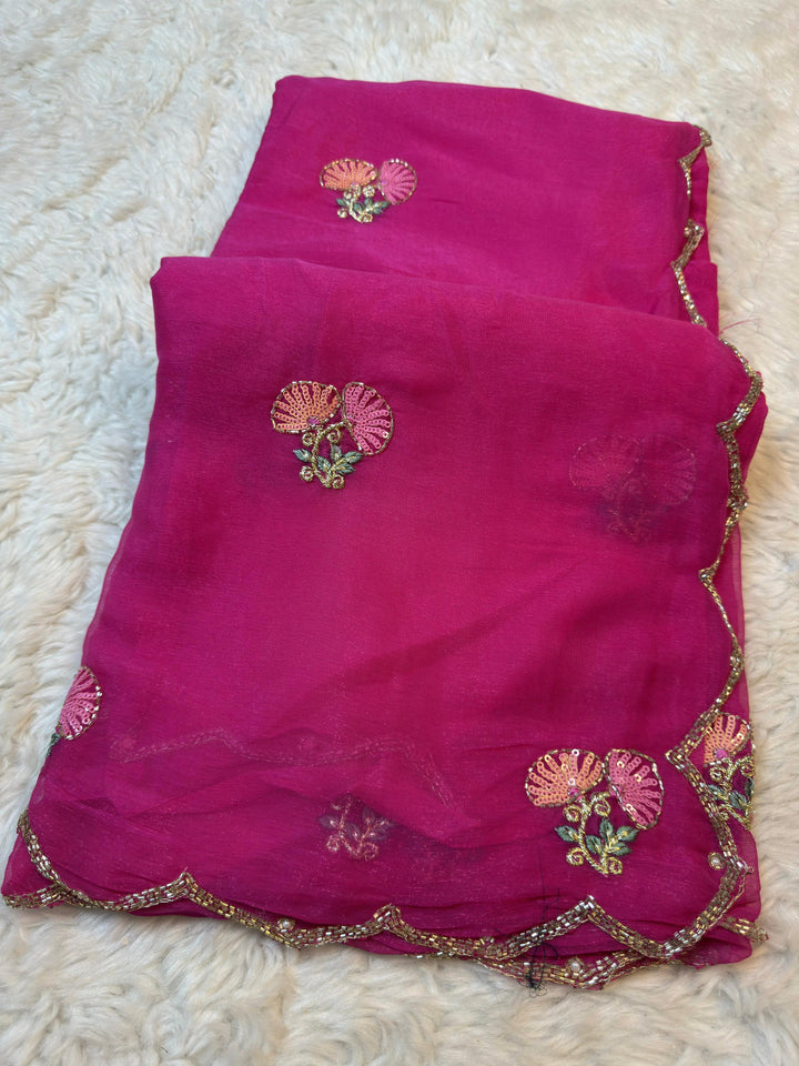 Elegant Chiffon Saree with Floral Motifs & Scalloped Border