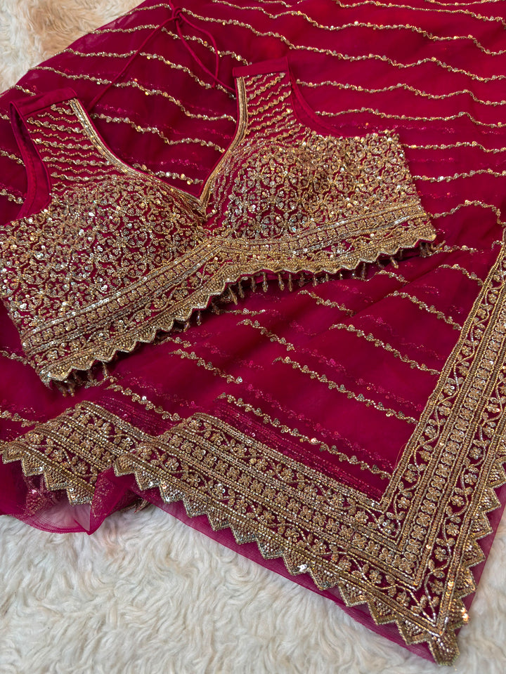 Luxury Designer Net Saree with Heavy Sequins & Handwork Stitched Blouse