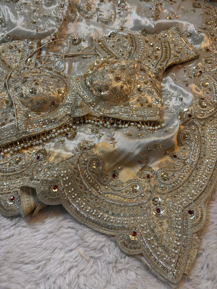Royal Ivory Designer Saree with Heavy Zardosi Pearl & Cutdana Handwork