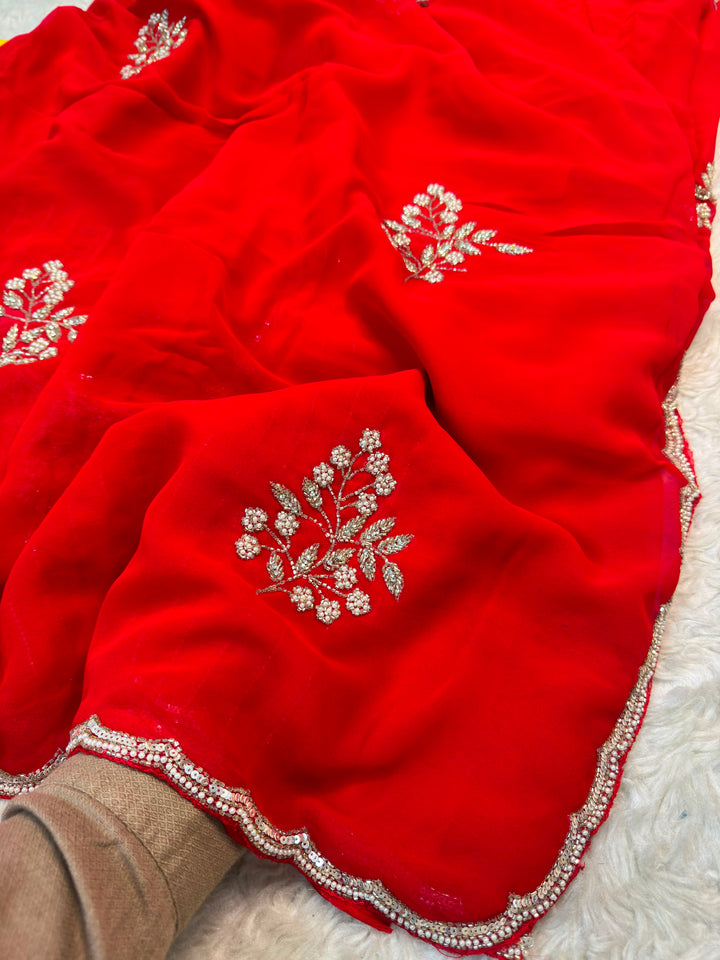 Pure Georgette Embroidered Saree with Sequin Border & Floral Motif