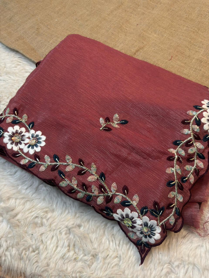Crunchy Chiffon Saree with Floral Thread Work & Scalloped Border