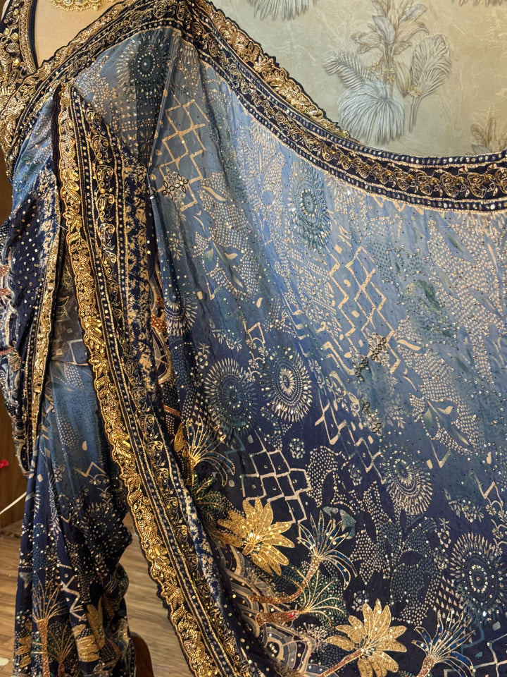 Luxury Designer Pure Crepe Saree with Stitched Blouse & Heavy Embroidery