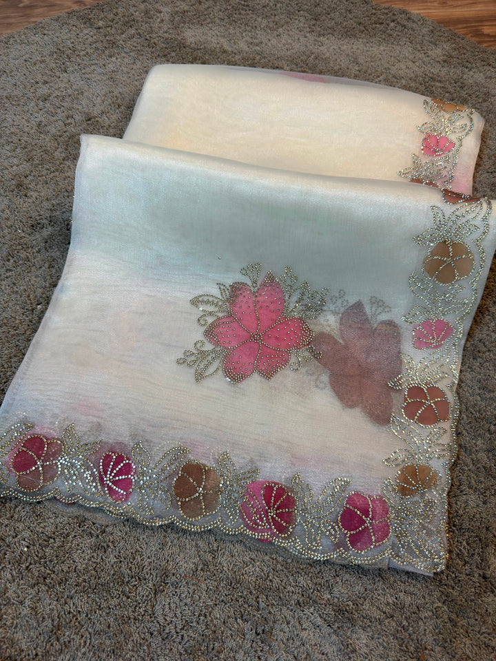 Luxury Tissue Saree with Handcrafted Floral Border