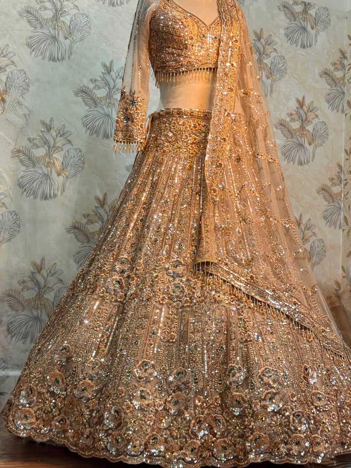 Champagne Gold Heavy Bridal Lehenga with Sequin, Mirror & Floral Embroidery