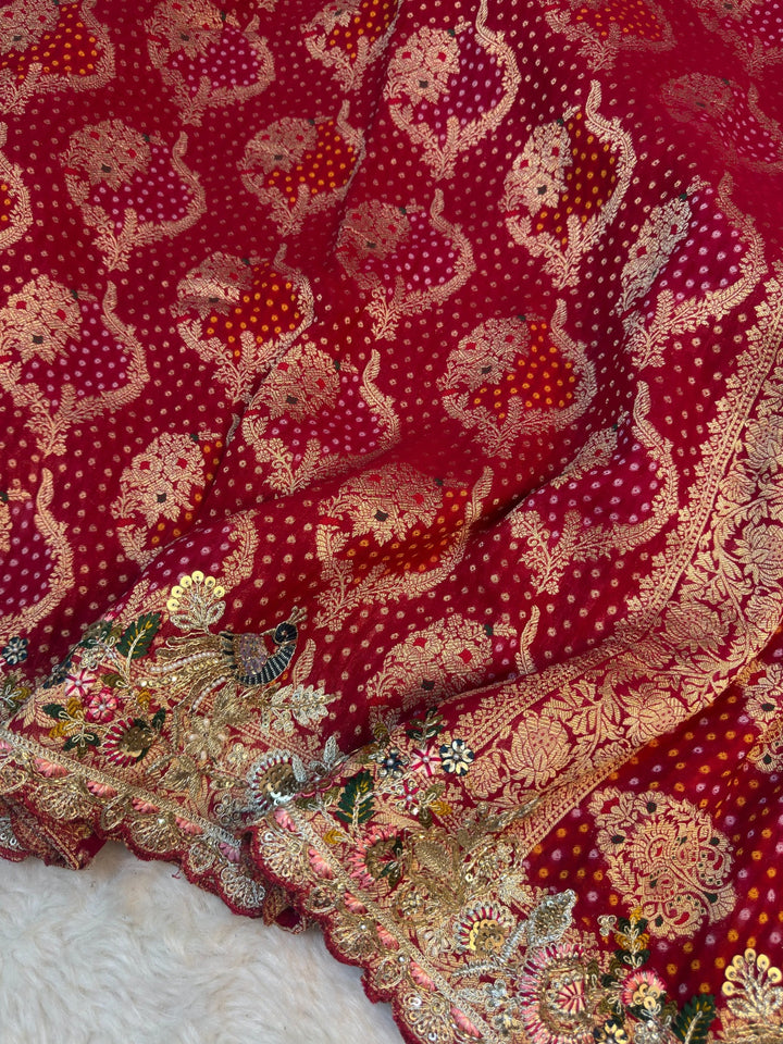 Bandhani khaddi Georgette Saree with Peacock Embroidered Border