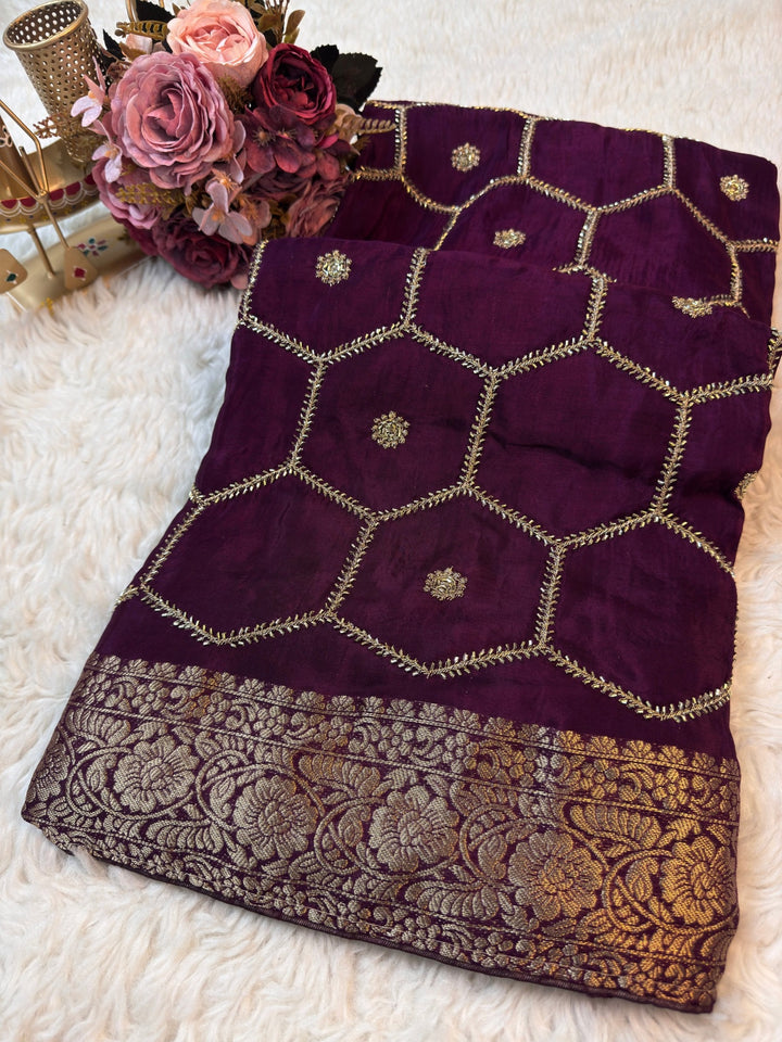 Premium Silk Saree with Intricate Hexagon Embroidery & Rich Border
