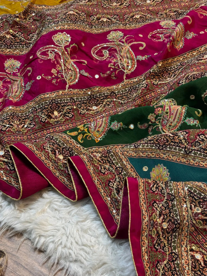 Designer Crepe Chinon Saree with Mustard Teal Body & Rani Pleat Highlight