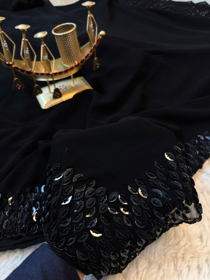 Black Designer Georgette Saree with Heavy Sequin Border & Butti Work