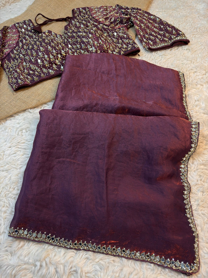 Fendy Silk Saree with Heavy Mirror Embroidered Readymade Blouse