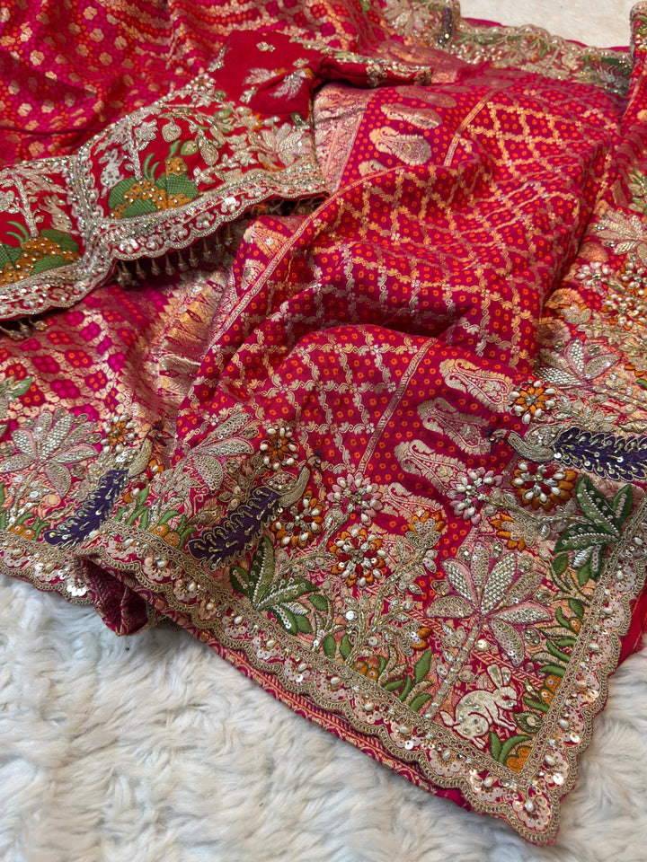 Bridal Red Banarasi Style Saree with Peacock Embroidery & Ready Blouse