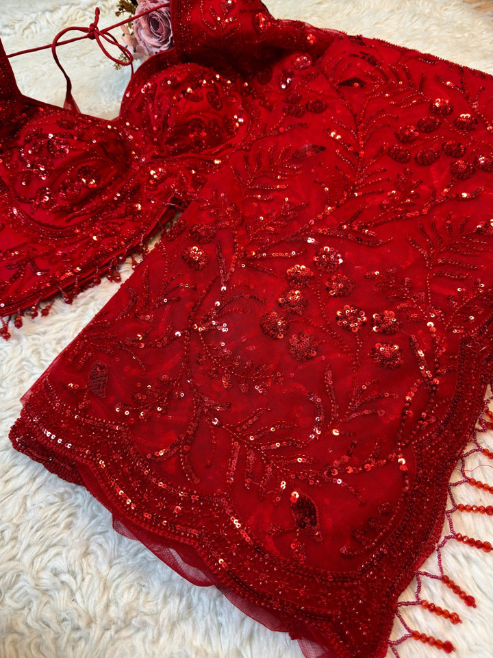 Red Designer Net Saree with Heavy Sequin Floral Embroidery & Tassel Border