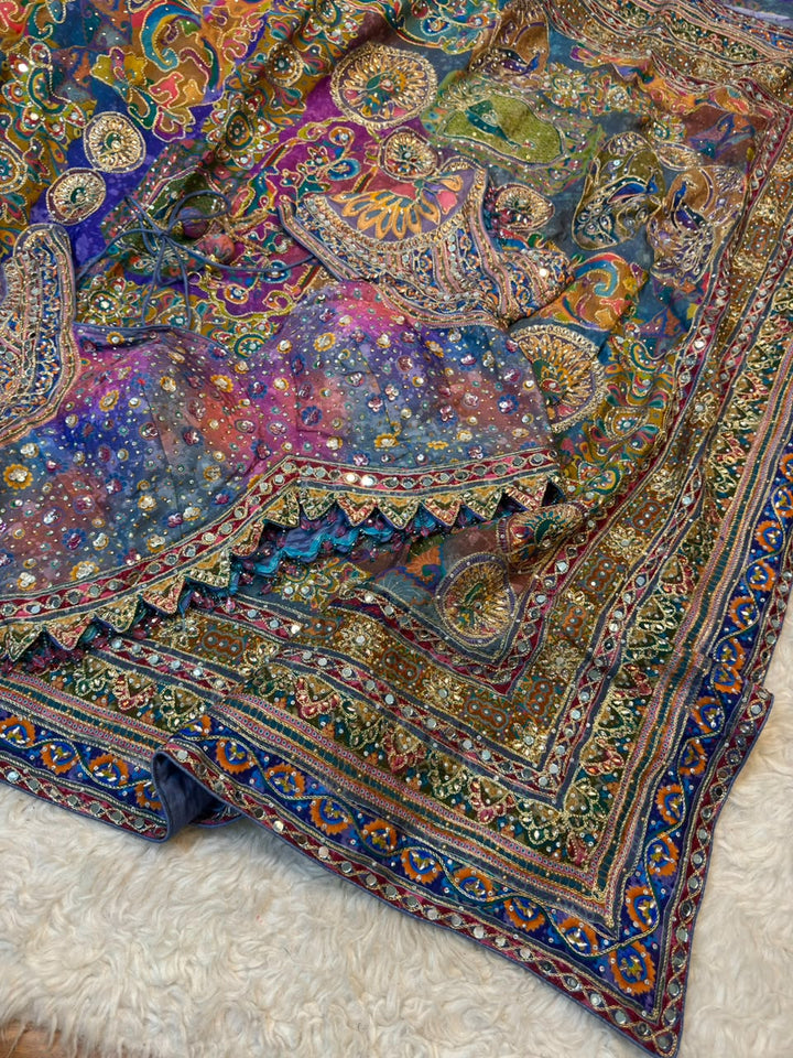 Multicolour Crepe Chinon Designer Saree with Heavy Embellished Border