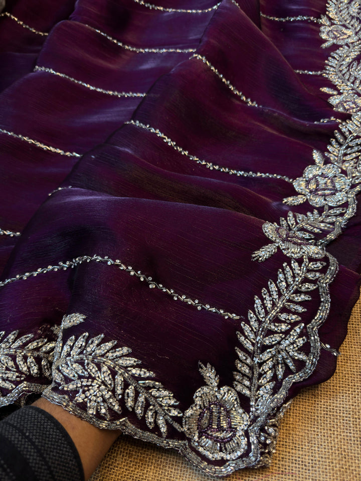 Premium Burberry Fabric Saree with Heavy Floral Cutdana Embroidered Border