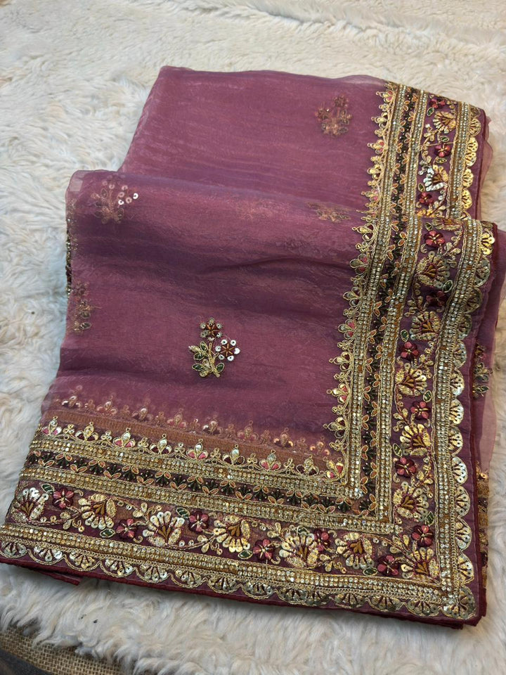 Premium Tissue Organza Saree with Zari, Sequin & Floral Border