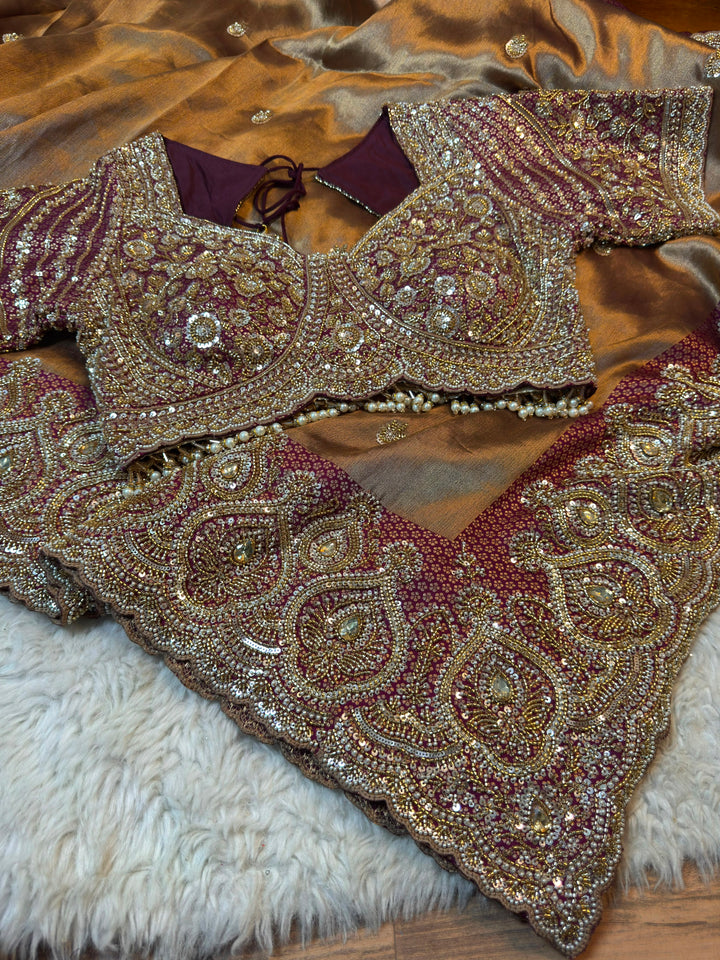 Premium Silk Saree with Heavy Zarkan, Cutdana & Pearl Handwork Border