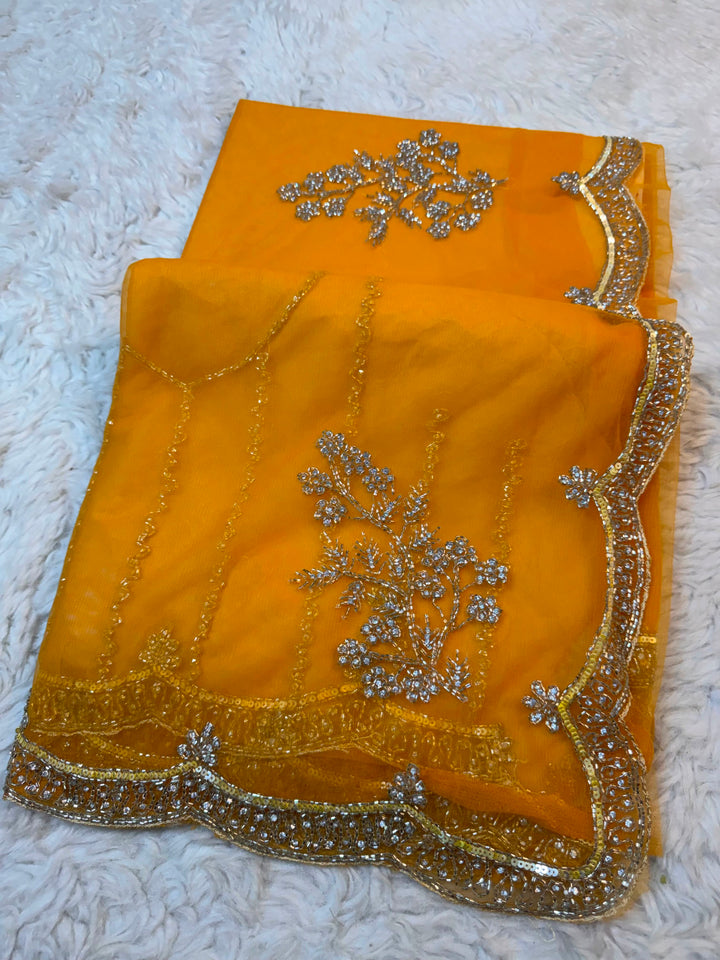 Designer Soft Net Saree with Heavy Cutdana Work