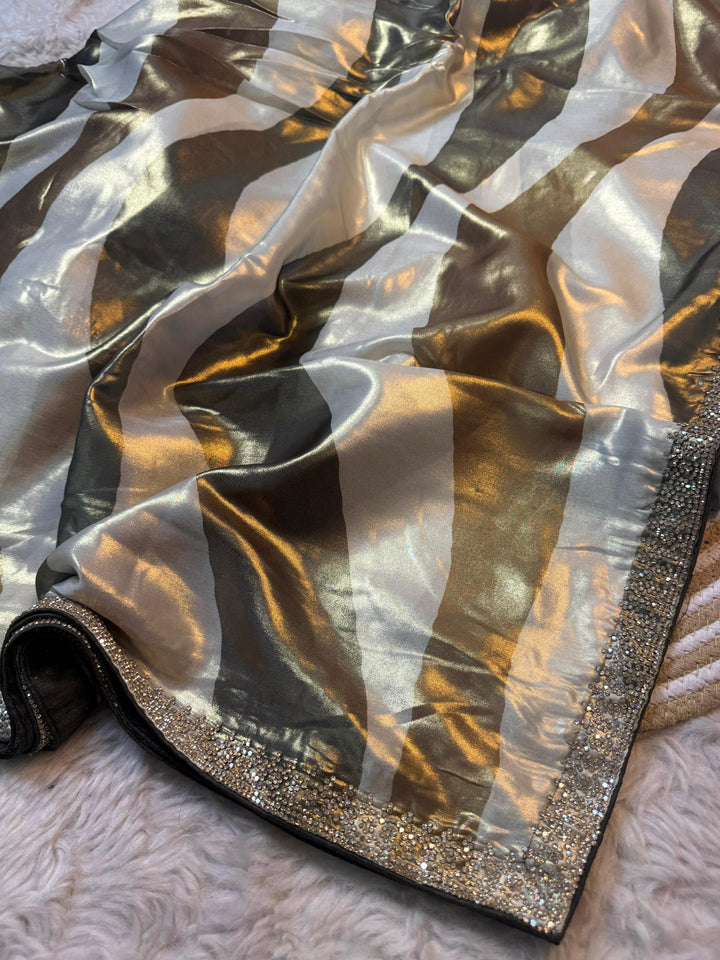 Premium Tissue Silk Saree with Metallic Stripes & Crystal Border