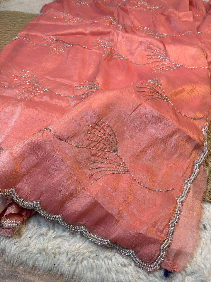 Elegant Paper Silk Saree with Wave Handwork Design