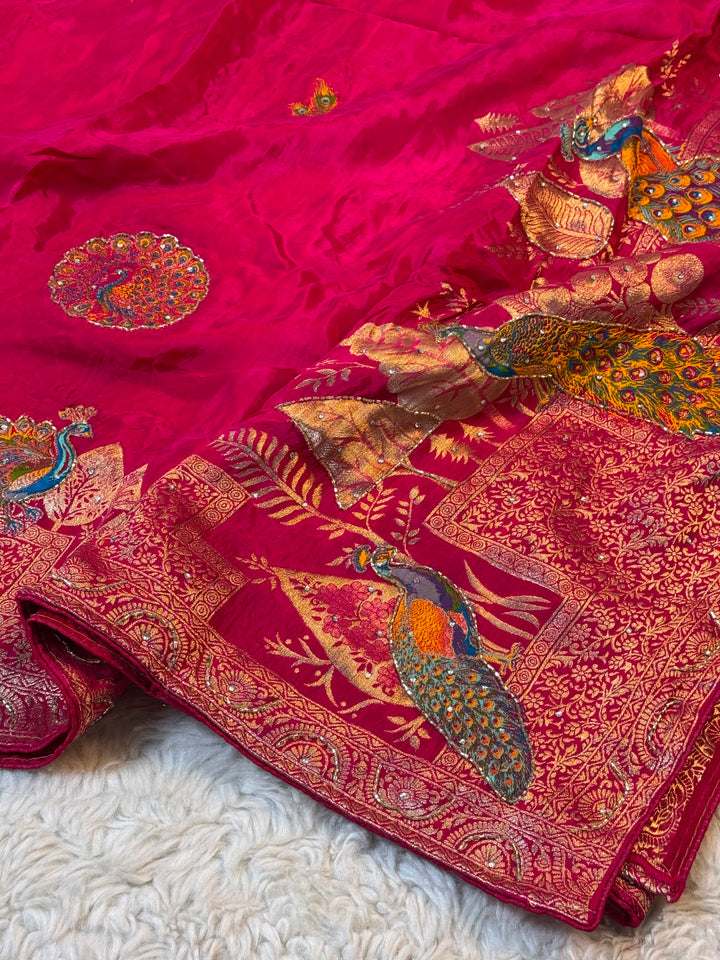Premium HO Silk Peacock Weaving Saree with Rich Pallu & Running Blouse