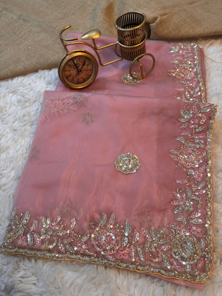 Premium Glass Tissue Saree with Sequin Floral Border