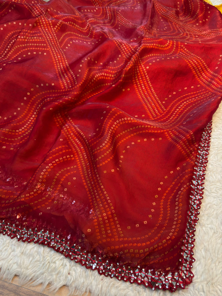 Bandhani Inspired Chinon Saree with Intricate Mirror Work Border