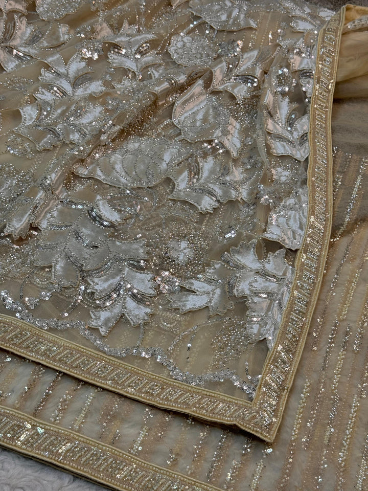 Luxury Ivory Net Saree with 3D Floral Embroidery