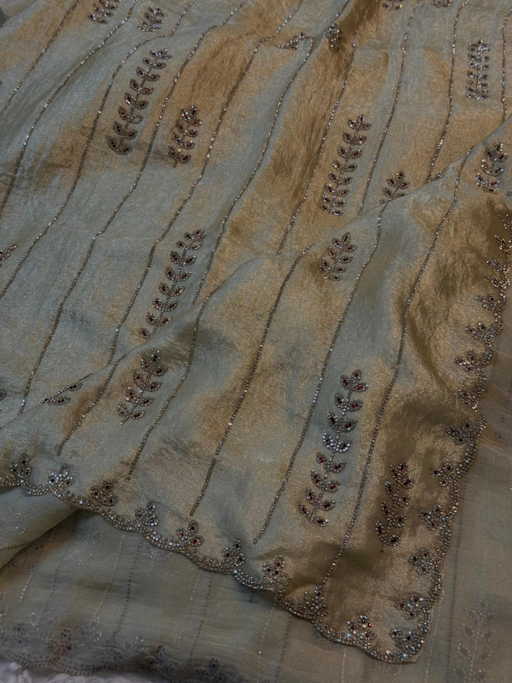 Champagne Gold Silk Saree with Cutdana Lines & Embroidered Border