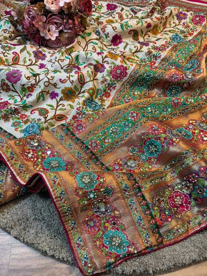Luxury Floral Weave Festive Saree with Hand Embellished Border