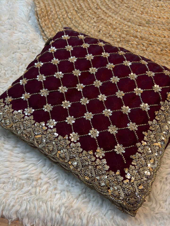 Fendy Silk Saree with Sequin Jaal Work & Heavy Designer Border with Unstitched Blouse