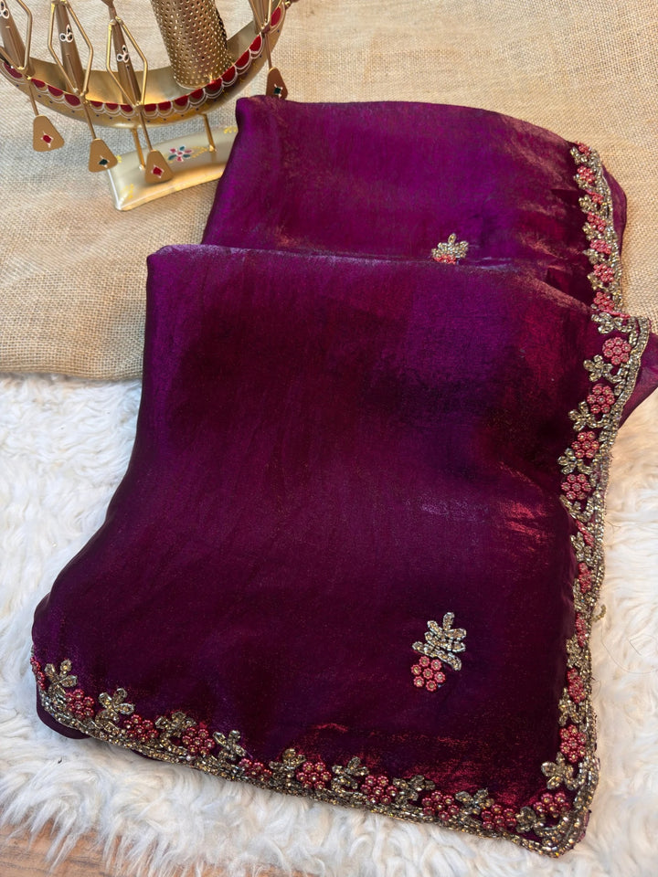 Premium Fendy Silk Saree with Floral Bead Embroidered Border