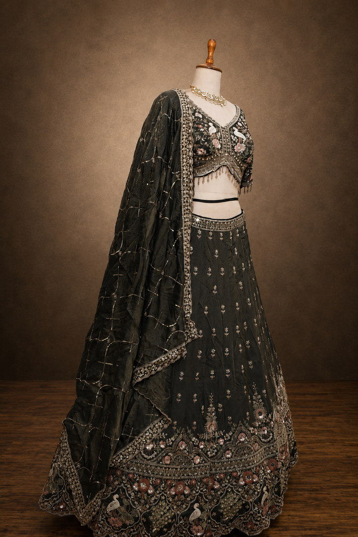 Deep Olive Green Designer Lehenga Set with Heavy Floral & Peacock Embroidery