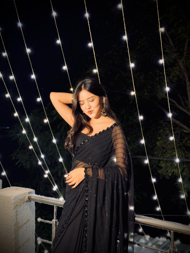 Midnight Black Georgette Saree with Horizontal Cutdana Lines