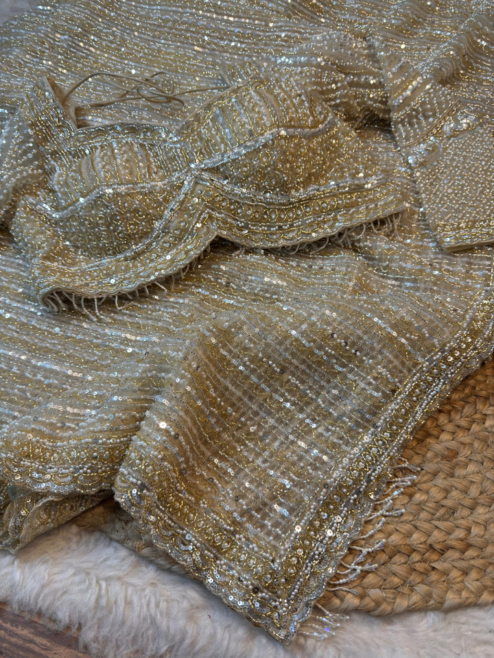 Premium Gold Sequin Net Saree with Ready-to-Wear Blouse