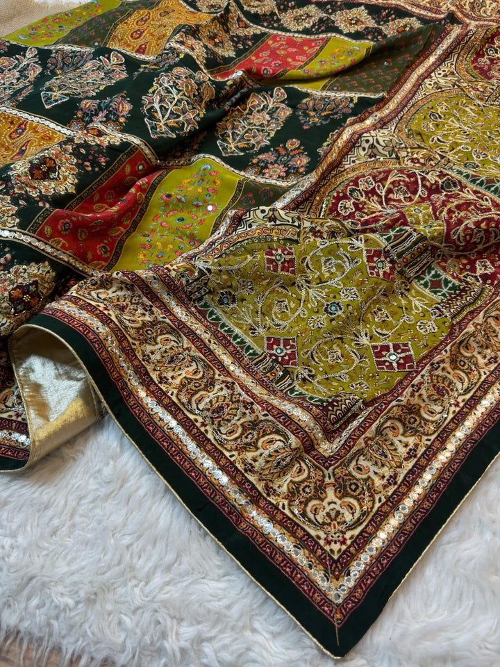 Royal Vintage Patch Print Crepe Chinon Saree
